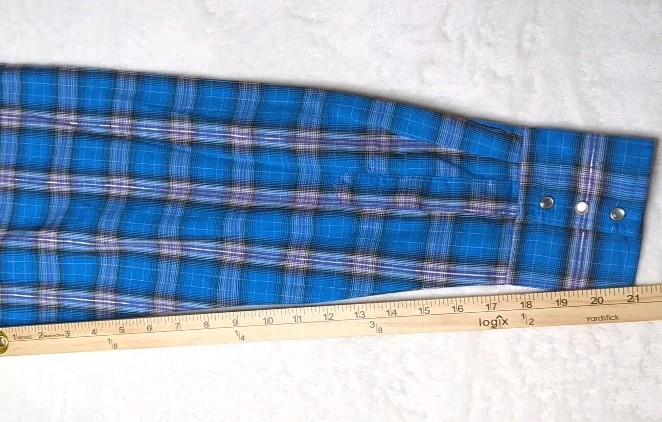 Wrangler Blue Plaid Silver Metallic Pearl Snap Western Rodeo Long Sleeve Shirt L thumbnail 10