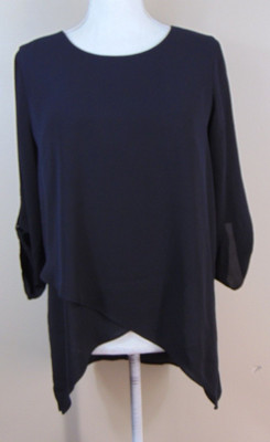 Chicos Blouse Top Womens Size 0 Small 4 Black Layered Roll Sleeve Asymmetric Hem