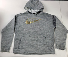 Nike Sweatshirt Hoodie Girls Sz L Gray Gold Logo Thumbholes Long Sleeve Pocket