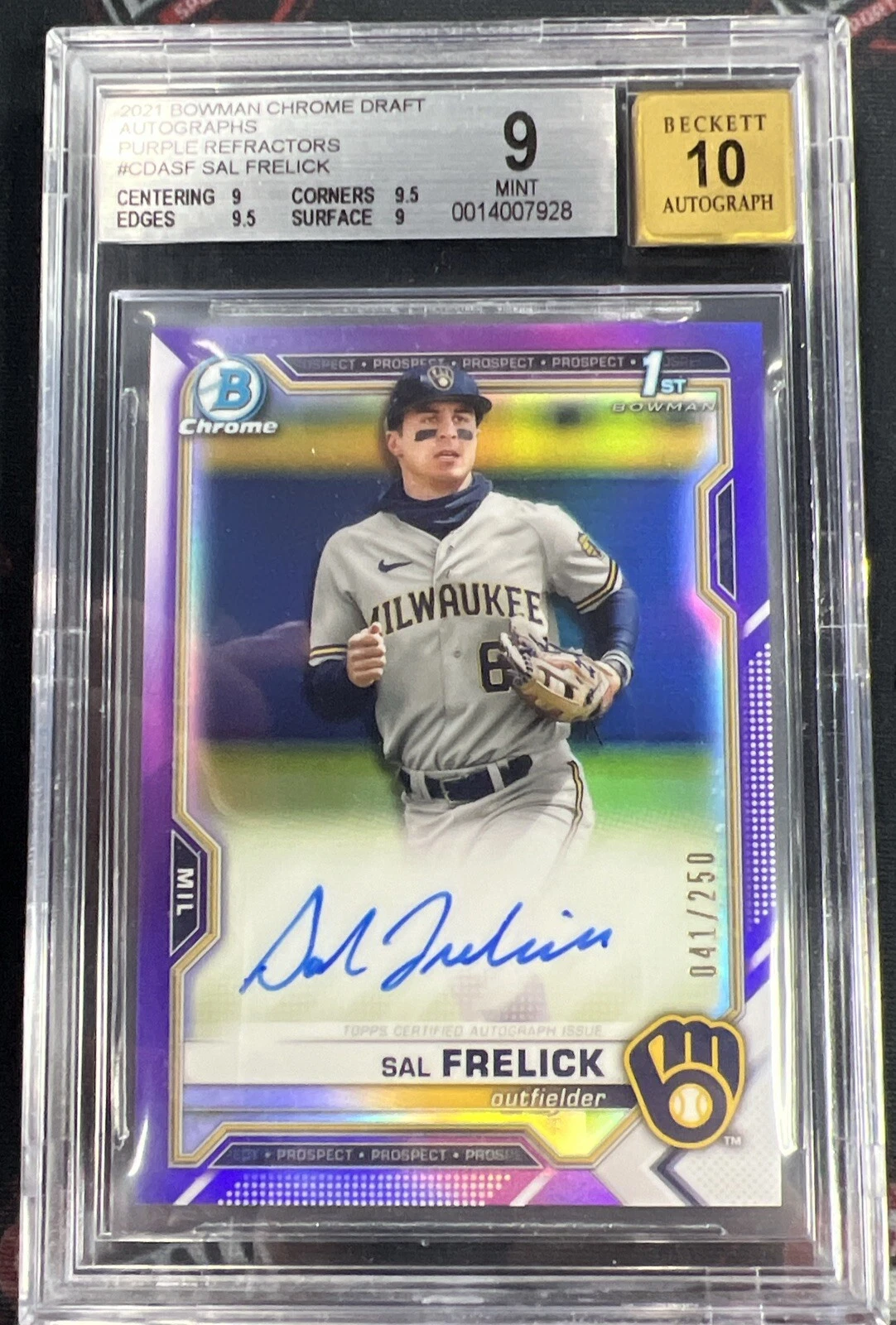 2021 Bowman Chrome Draft Sal Frelick Purple Refractor 1st Auto /250 Beckett 9