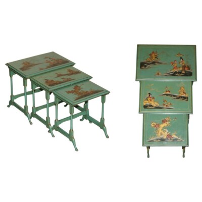 NEST OF THREE ANTIQUE CIRCA 1920 CHINESE CHINOISERIE SIDE TABLES HAND PAINTED