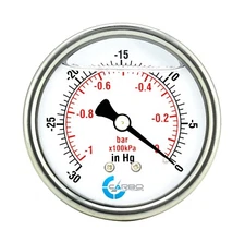2" Vacuum Gauge, Stainless Steel Case, Liquid Filled, Back Mnt, -30 Hg/0 Psi