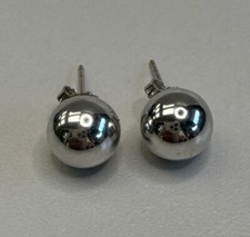 Solid 14K White Gold Hollow Ball Bead Pushback Earrings 8mm