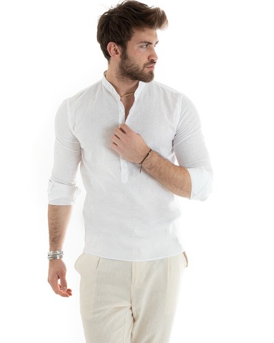 Camicia Uomo Casacca Manica Lunga Lino Tinta Unita Sartoriale Vari Colori - Imagen 41 de 96