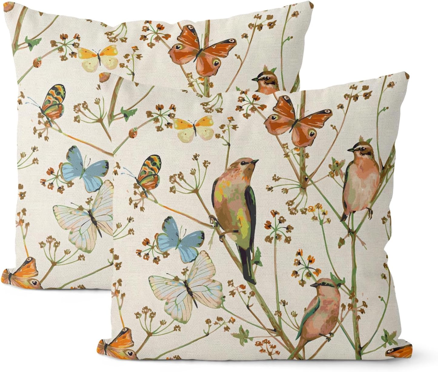18x18 Inch Spring Pillow Covers with Watercolor Bird Butterfly Flower Design Set of 2 Thr Decor-image