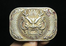 7CM Old Chinese Dynasty Silver 12 Zodiac Dragon Head Animal Belt Buckle Buckle
