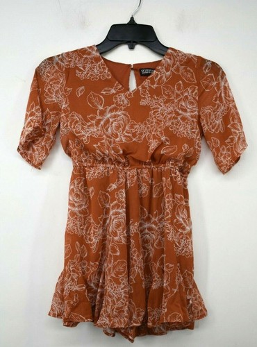 Trixxi Big Girls Orange Lined Elastic Waist Back Keyhole V-Neck Floral Romper M - Picture 1 of 10