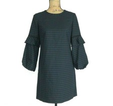 Ann Taylor LOFT Dress 0 Green Blue Black Tartan Plaid Check Shift Long Bell Sl