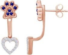 Paw Print Heart Drop Earrings Simulated Birthstone 14K Rose Gold Plated Silver