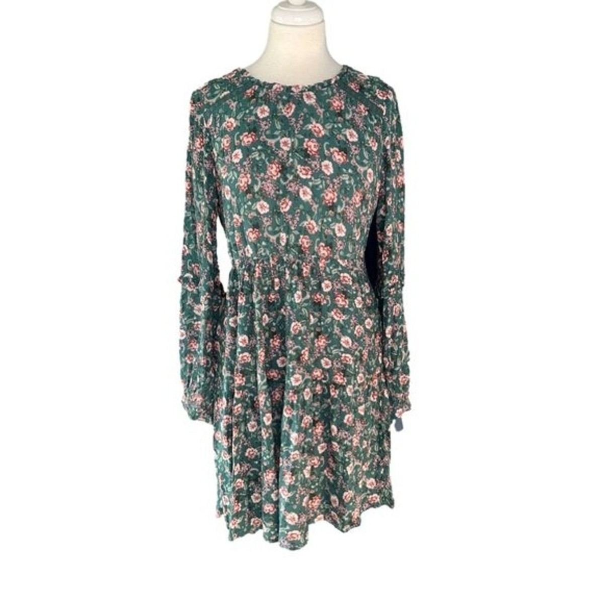 Haley London Made With Care Green Floral Tiered Long Sleeve Dress Size M |  eBay