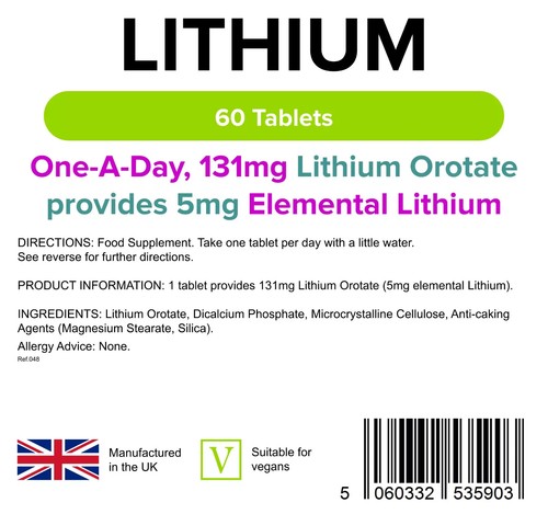 Lithium 5mg 60 Tablets From Orotate 131mg Depression Mood Disorders Lindens - Picture 2 of 7