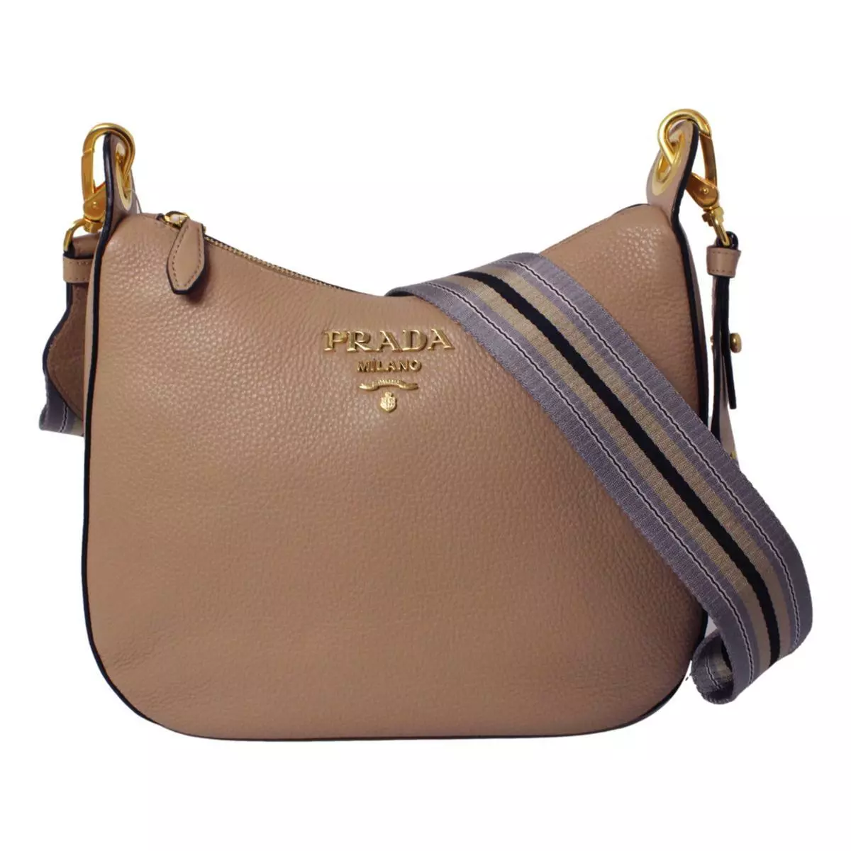 Prada Vitello Daino Tan Leather Bag Nylon Web Striped Strap 1BC166 - 1BC052