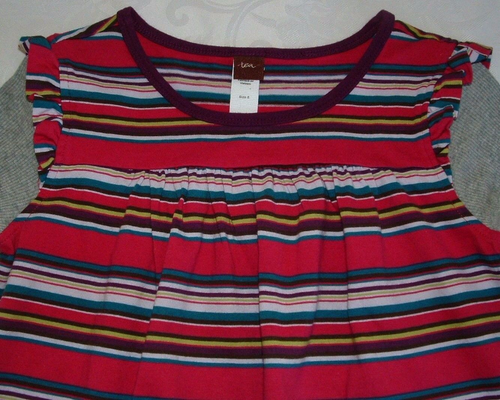 Tea Collection Pink Green Maroon Red Stripe Knit Dress Gray Ruffle Sleeves 8 NEW - Picture 3 of 5