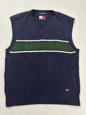 Vintage Tommy Hilfiger Cable Knit Sweater Vest Men  s L LARGE Blue Green 90s
