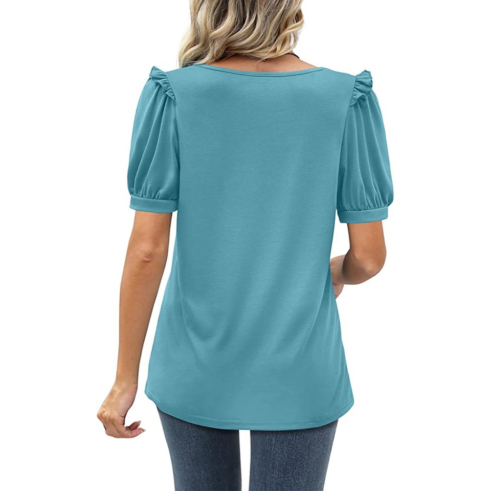 Puff Sleeve Blouse V Neck Pure Color Frill Trim Curve Hem Stretchy