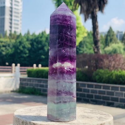 205g Natural fluorite obelisk quartz crystal healing aura wand tower