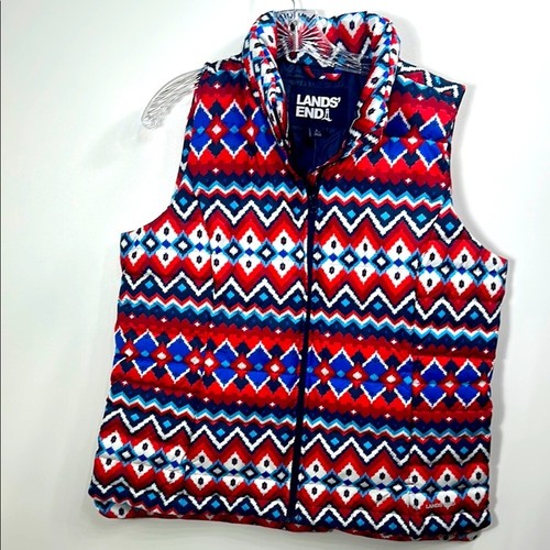 Lands’ End 600 Down Fill Vest Red Blue Pattern size large (14-16). NWT. - 第 1/11 張圖片