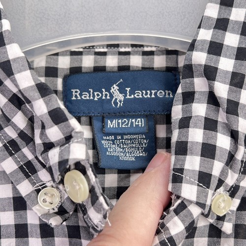 Ralph Lauren Shirt Triple Pony Youth M (12/14) Black Check Button Down Logo - Picture 2 of 11