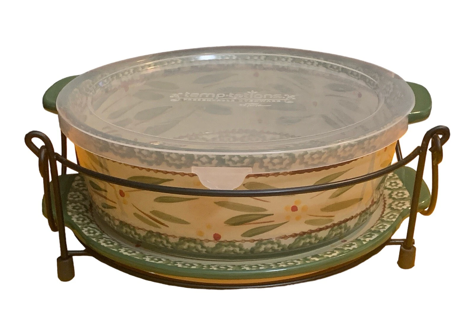 Temp-Tations Ovenware By Tara Old World Green 2 Quart Dish W/Rack Trivet Lid