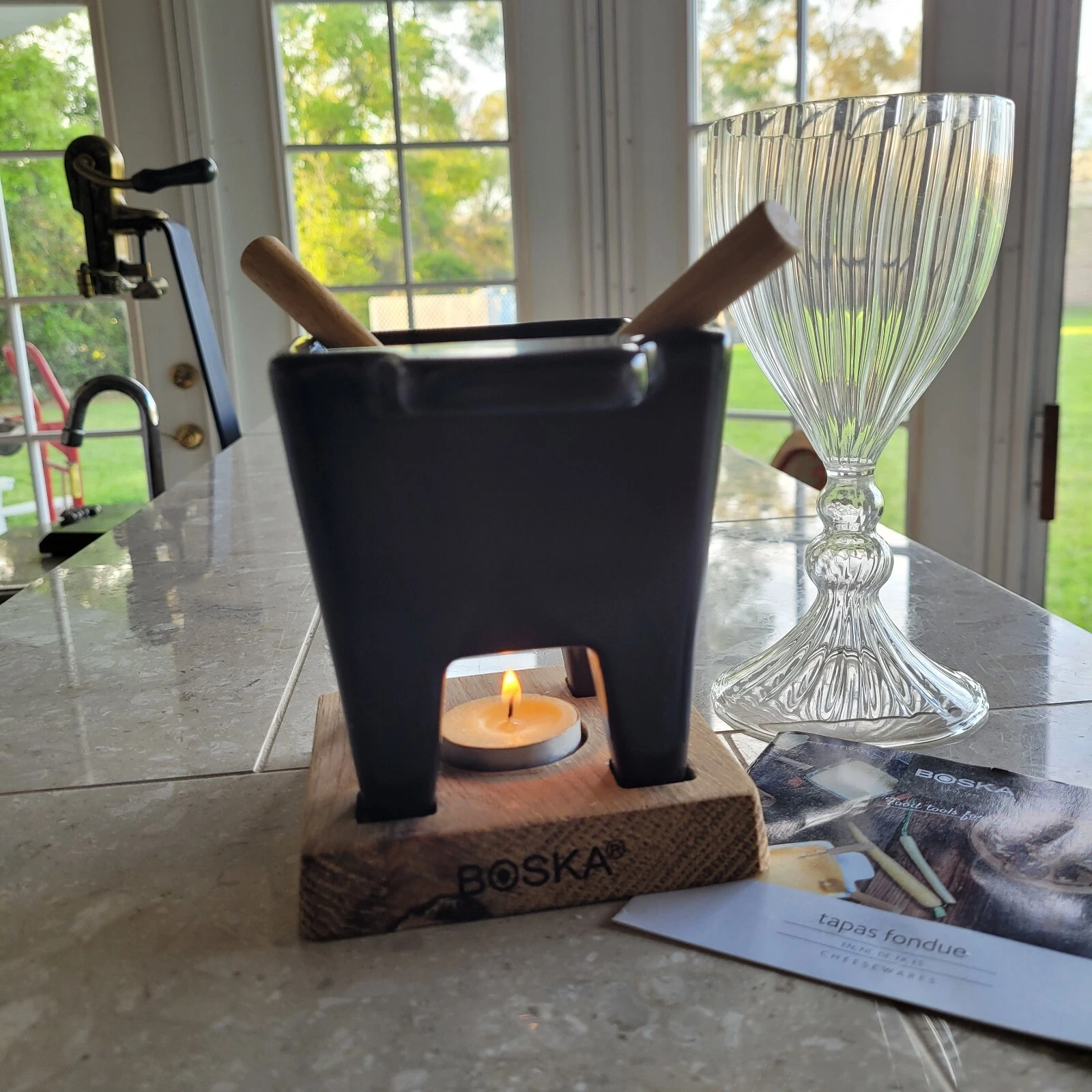 BOSKA Tapas Fondue Mini Ceramic Cheese Pot Wood Board Forks Candle Charcuterie