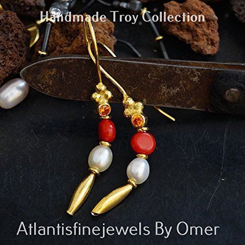 Troy Earrings With Coral & Pearl 24 k Gold Over Sterling Silver Handmade By Omer - Picture 1 of 2