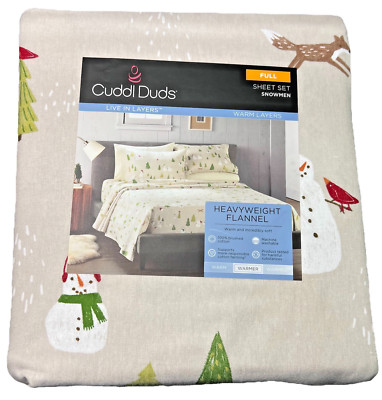 New!  Cuddl Duds Full Size Heavyweight Flannel Sheet Tan Snowman Trees w/ Case