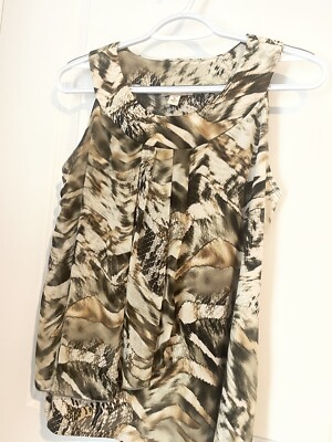 Psychedelic Print Tans & Browns Size SP Halter Blouse With Ruffled Front Groovy