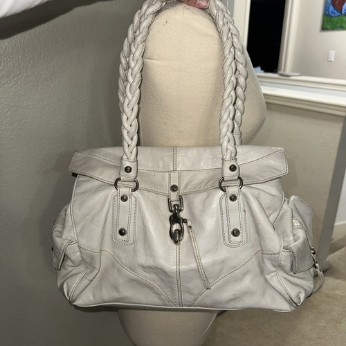 Vintage Francesco Biasia Large White Leather Braided Strap Flap Tote Purse - Picture 5 of 5