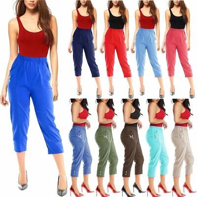 Ladies Capri Trousers Women's 3/4 Elasticated Shorts Cropped Pedal Pushers Pants