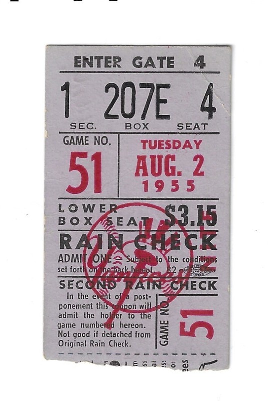AUG 2, 1955 TICKET YANKEES VS INDIANS-RARE PITCHER BYRNE BATS 7TH-ONLY 2 BEFORE