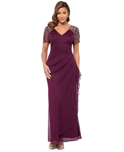 Xscape Neo Wine Burgundy Beaded Sleeve Ruched Column Gown Size 14 $208