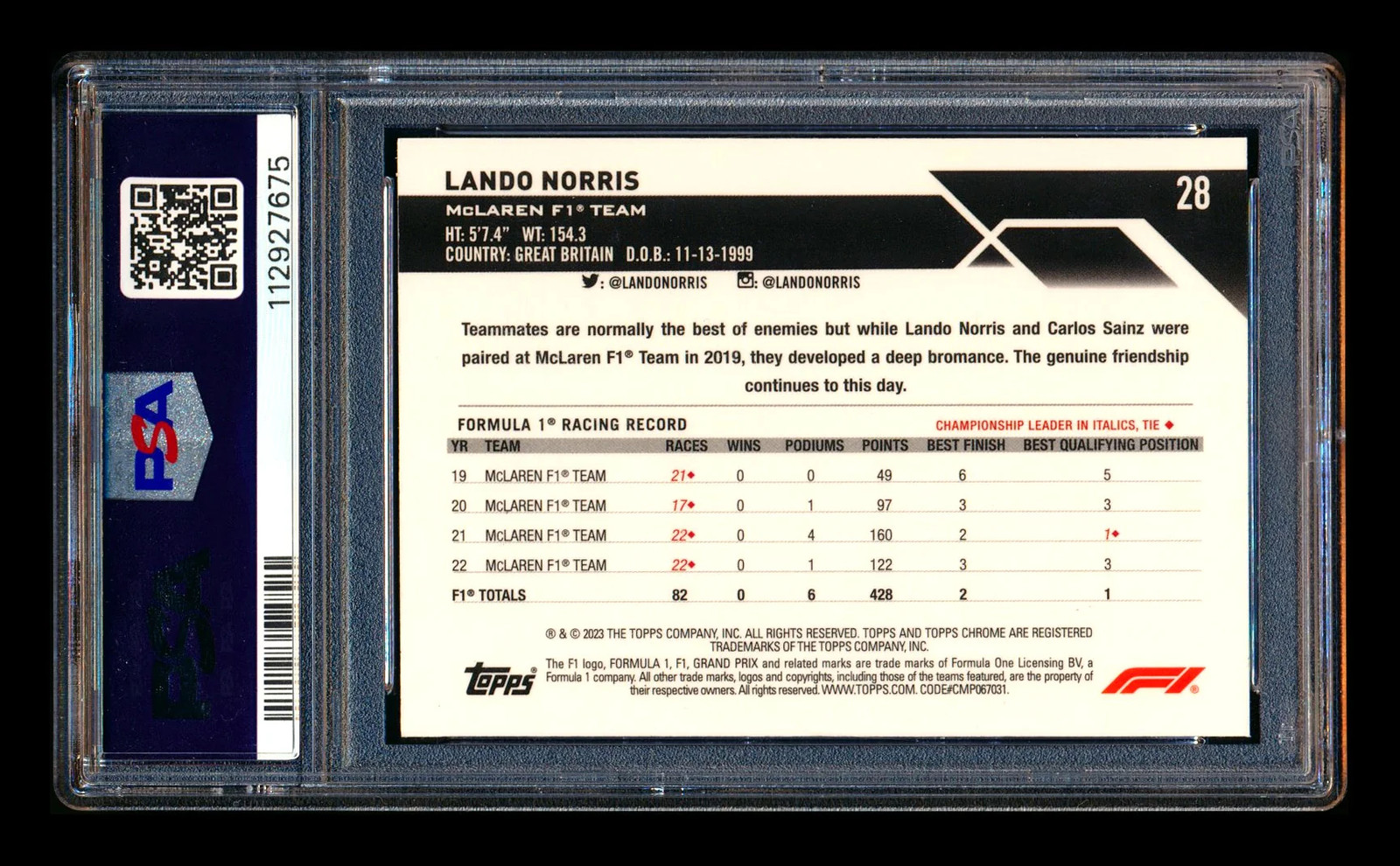 2023 Topps Chrome F1 #28 Lando Norris Pink Refractor #22/75 PSA 10 view 2