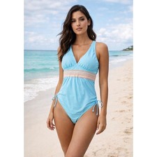 Light Blue One Piece Swimsuit Embroidered Chevron Waist Ruched Side Ties Large