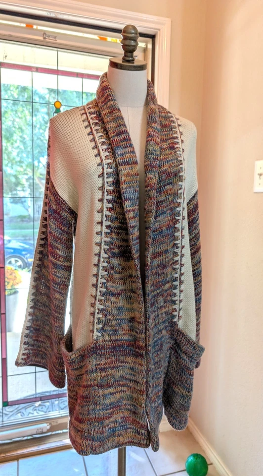 KIMLON 复古 70 年代多色象牙嬉皮流浪汉丙烯酸开衫毛衣-胸围 40 M — 第 2/4 张图片