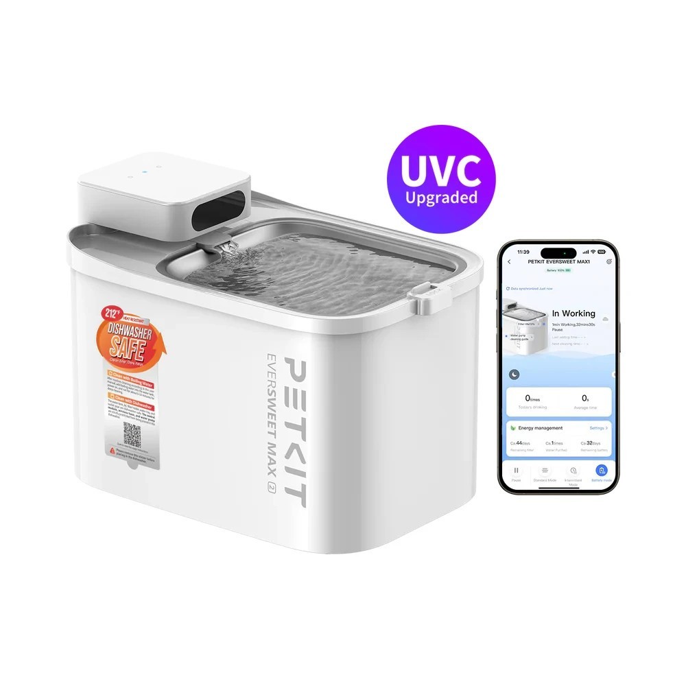EVERSWEET MAX 2 Cordless Pet Fountain – UVC Pump, Stainless Steel Tray, Long Bat