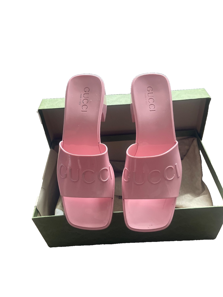 Gucci Rubber Logo Sandals Plastique White PVC Glossy Mule Platform