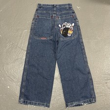 VINTAGE JNCO Denim Jeans RARE Bowling Flames Patch Wide Leg Size 29W x 30L