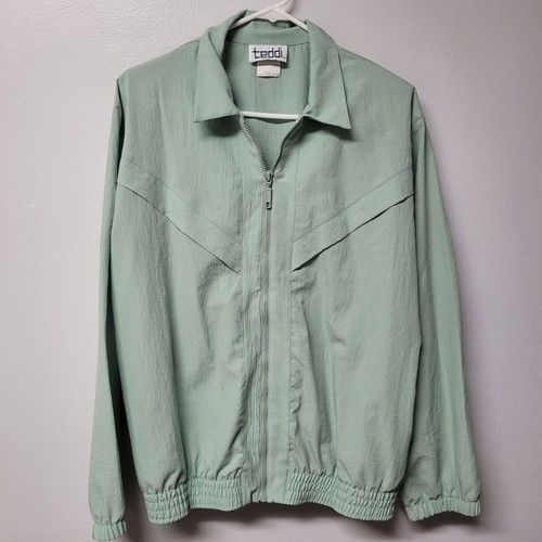 Teddi Vintage Jacket Green Lightweight Zipper Shoulder Pads Womens Large Granny - Picture 9 of 9