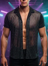 Men's Sheer Mesh Holograpic Sequin Button Up Black Shirt Sz XXL Festive Rave