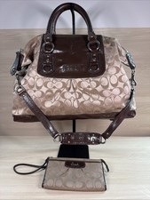 Coach Signature Sateen Ashley Satchel Bag with Matching Wallet F15440 Tan Brown