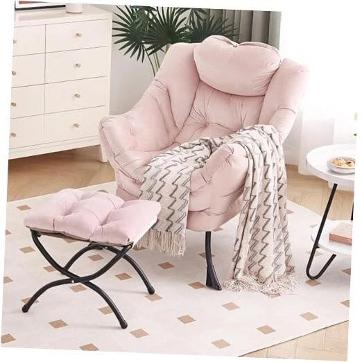 Lazy Chair with Ottoman, Modern Chair with Folding Footrest, Velvet Pink