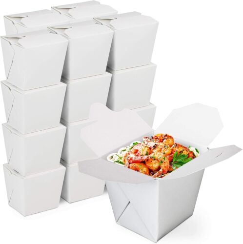 8 oz Chinese Take Out Boxes - 50 Pack White Paperboard Food Containers, Leak
