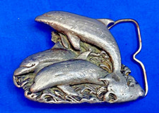 70'S Three Jumping Dolphin's In Ocean Cutout Belt Buckle By Bergamot H-L43
