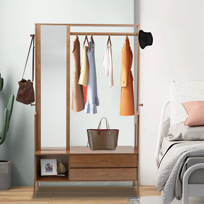 Bamboo Multi-Function Hall Tree with Full-Body Mirror & Storage Solutions