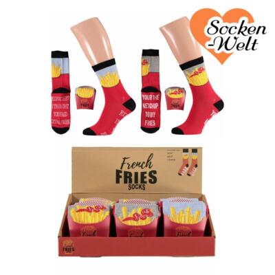Lustige Motivsocken in einer Pommesschachtel mit Sprüchen unter der Fußsohle