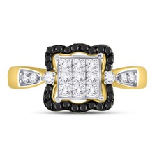 10kt Yellow Gold Womens Round Black Color Enhanced Diamond Cluster Ring 3/4