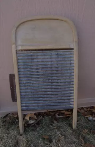 Antique Oval Oak and Zinc Wood Wash Board Tin Ribbing 24"H Farmhouse Home Decor