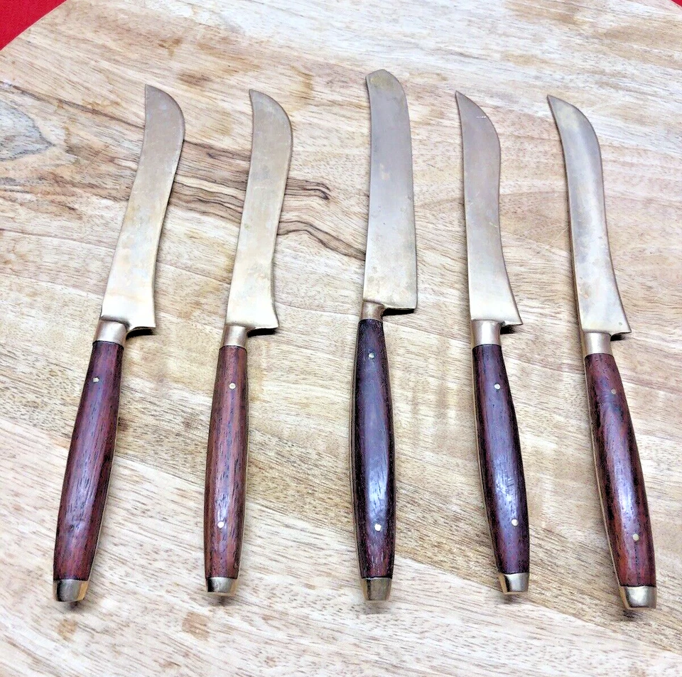 Antique Colonial Gold Tone Knives Handmade Brass England Steak Butter NICE! - Image 4 of 4