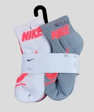 NIKE Girls Socks Ankle Cushioned Athletic Swoosh Kids 6 Pack Kids Shoe 10C-3Y 