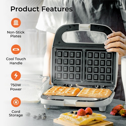 Electric Waffle Iron Maker Belgian Non-Stick 2 Slice Deep Plates 700W Geepas - Picture 2 of 8